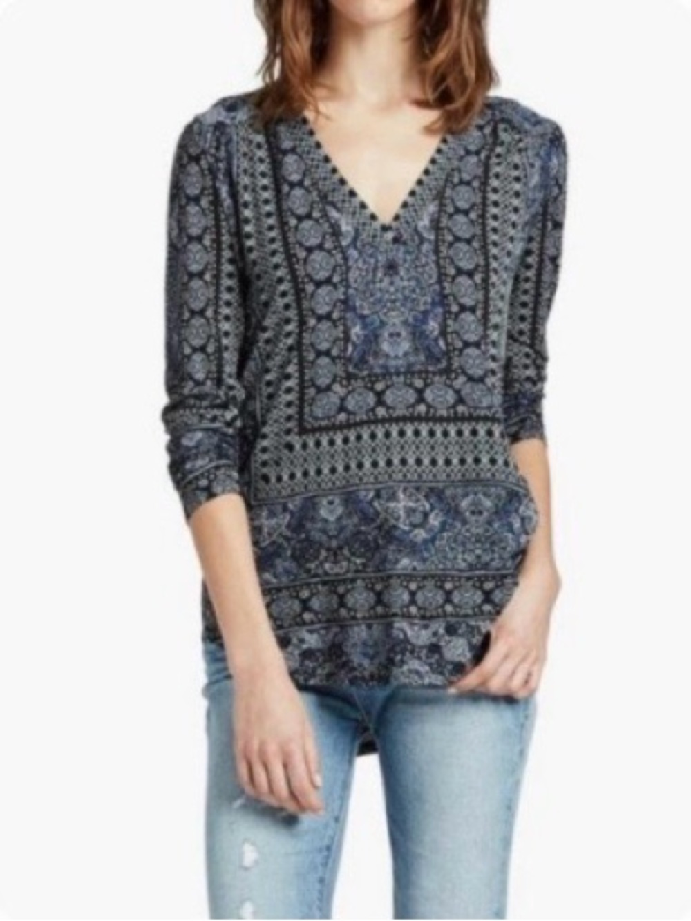 Lucky Brand Indigo Blue Patterned Bohemian Long Sleeve Tee